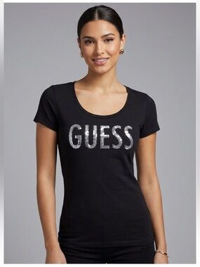 GUESS Black Short-Sleeve Scoop Neck Tee with Silver Sequin Logo